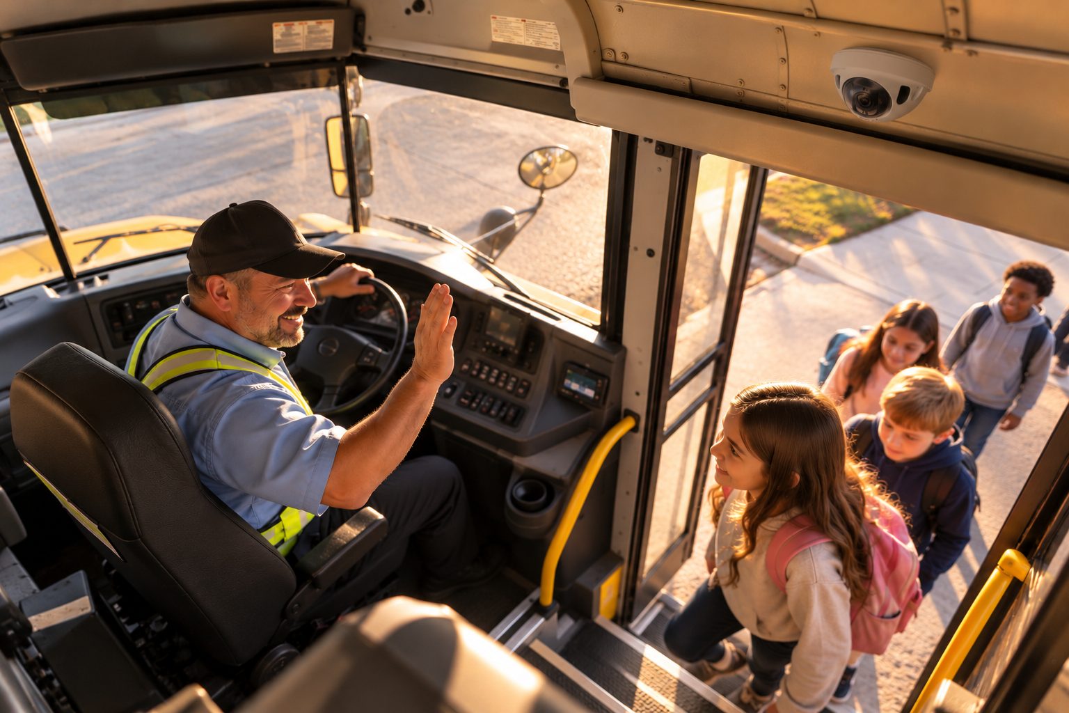 School bus driver greeting children